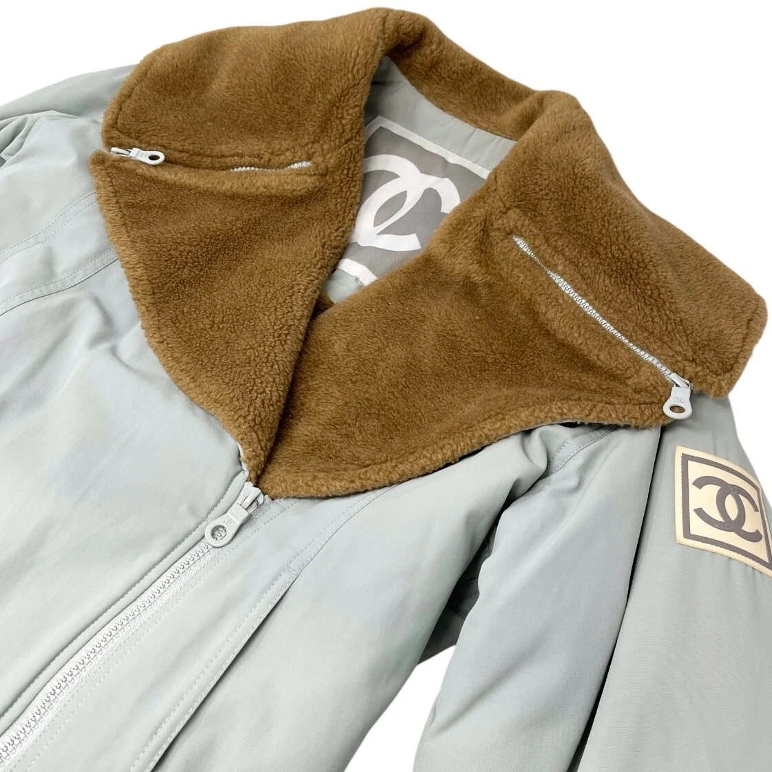 Giacca da sci CHANEL Sport vintage 01A CC logo #36 blu marrone cotone pelliccia zip