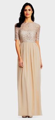 ADRIANNA PAPELL Chiffon Sequin Lace Bodice Dress Gown in Nude Sz:8 Ret:$249  NWT | eBay