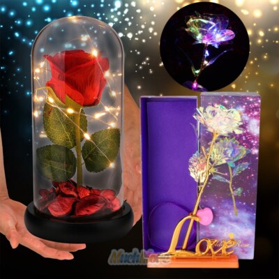 Crystal Galaxy Rose/Red Rose in the Glass Dome 20 LED Lights For Girlfriend Mom