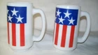 2 VINTAGE MILK GLASS TALL MUGS USA AMERICAN FLAG PATRIOTIC RED WHITE BLUE