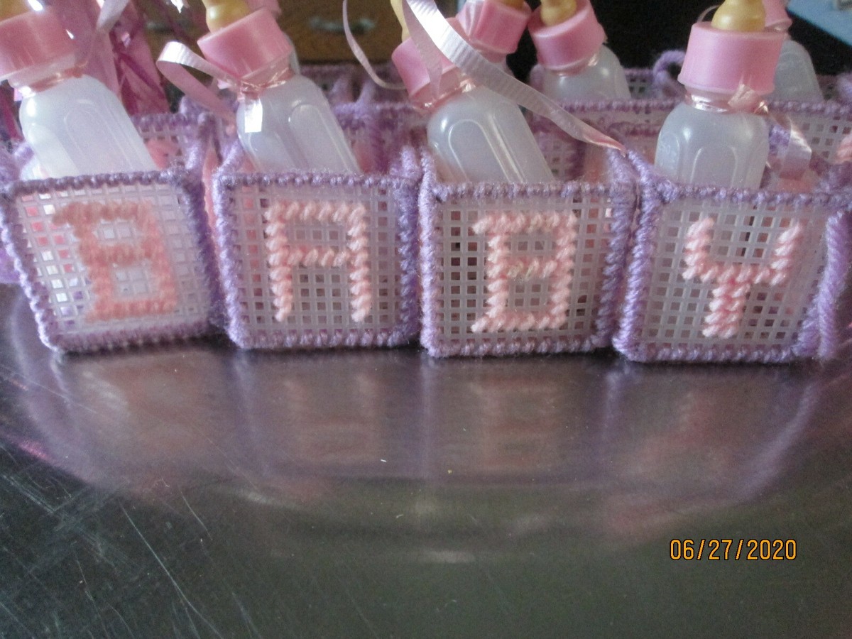 Girl Baby Shower Party Favors For 12 Plastic Canvas Blocks Bottles Rattles  ETC