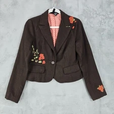 Mixit Blazer Womens Size 6 Brown Wool Blend Embroidered Flowers Elegant Boho