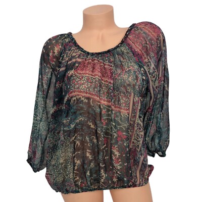 LUCKY BRAND Floral Print Blouse Blouson Top Size S Sheer Boho Tapestry 70s Fairy