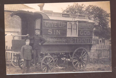 REAL PHOTO GOSPEL PRECHER HORSE DRAWN WAGON GIVE UP SIN POSTCARD COPY