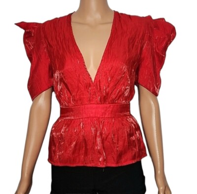 THE SANG Blouse Metallic Puff Sleeves V Neck Red Top Size S Small