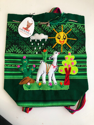 Kids Alpaca Handmade Backpack New w/Tags Multicolor Base is Lime Green and Green