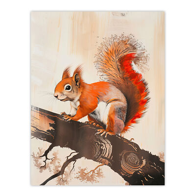 Rotes Eichhörnchen auf Baum Ast Gemälde Zeichnung Wandbild Poster Druck