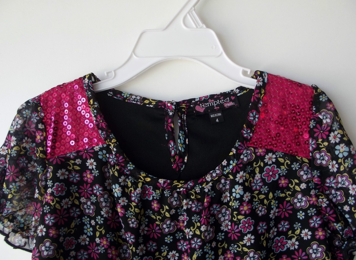Tempted Girls Black/Fuchsia Sequined Floral Silky Top size 4 NWT