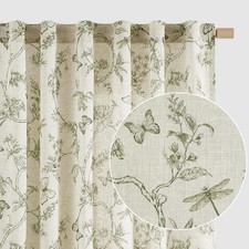 Charlotte Green Floral Curtains 84 Inch Length Linen Farmhouse Curtain Back T...
