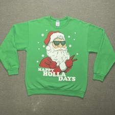 Jerzees Sweatshirt Mens Large Green Xmas Santa Happy Holla Days Ugly Sweater Y2K