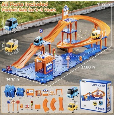 KIZONLY Puzzle Racer Orange Blue Car Track Set with 3 Cars & Traffic Parts