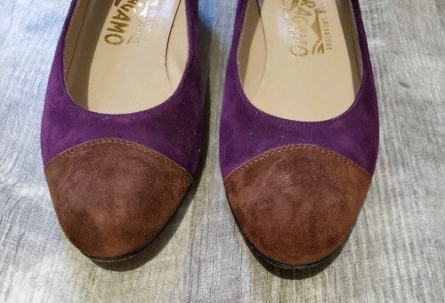 Salvatore Ferragamo Purple Brown Suede Round Point Low Heel Pumps Size 6.5 B - Picture 2 of 9
