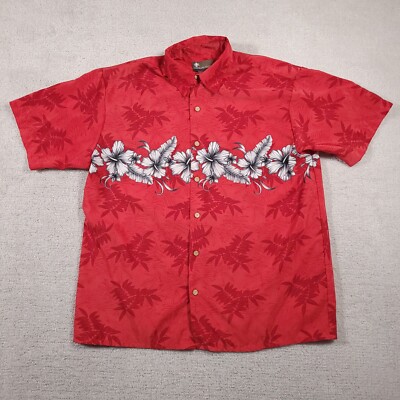 XG Island Tropics Button Up Shirt Mens Large Red Hawaiian Floral Beach Aloha