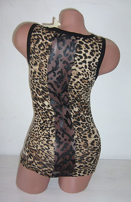LEO Leopard Tiger Top Shirt Tanktop Nieten Rosen Netz Tüll Spitze S M L XL NEU