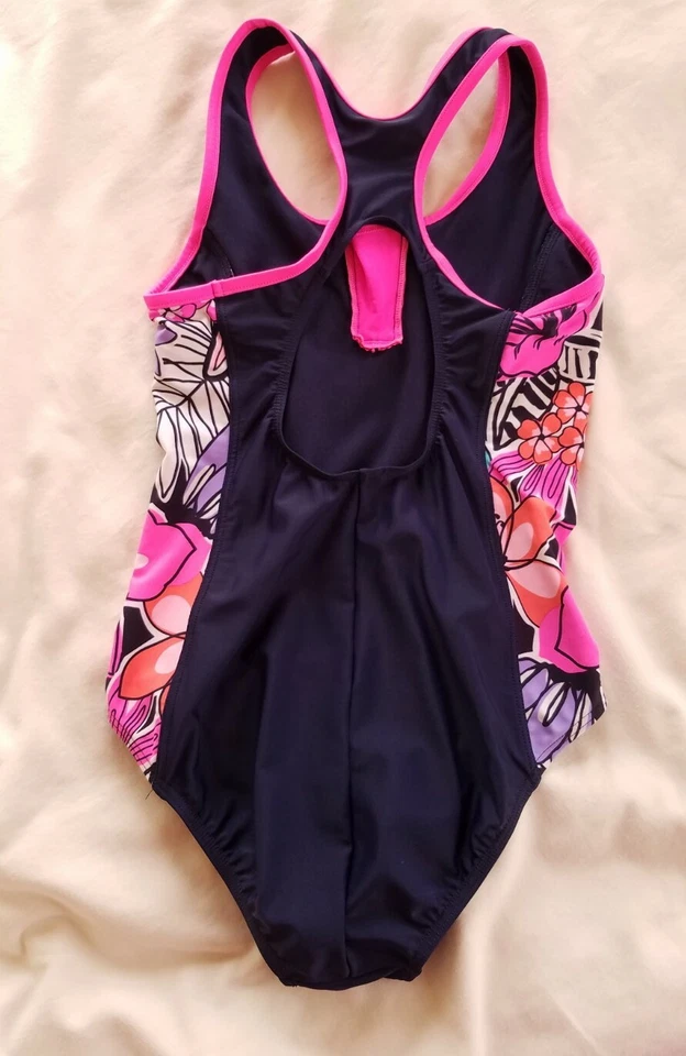 Traje de baño azul oscuro, rosa y floral de una pieza espalda cruzada para niña talla 12 Foto 4 de 4
