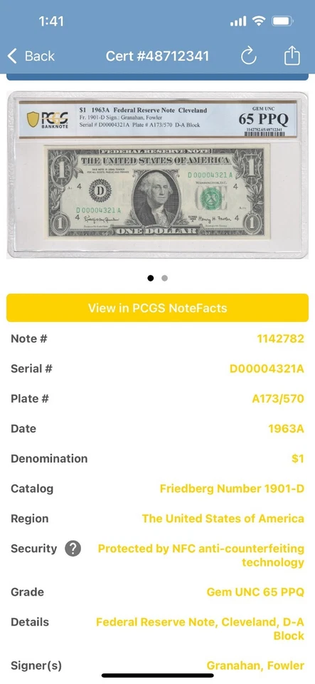 1963 $1 Near Perfect ASCENDING LADDER and Low Serial Number FRN PCGS 65 00004321 - Image 3 of 4
