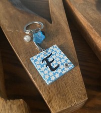 Handmade Blue & White Beaded Alphabet Keychain / Initial LETTER E-Free Shipping