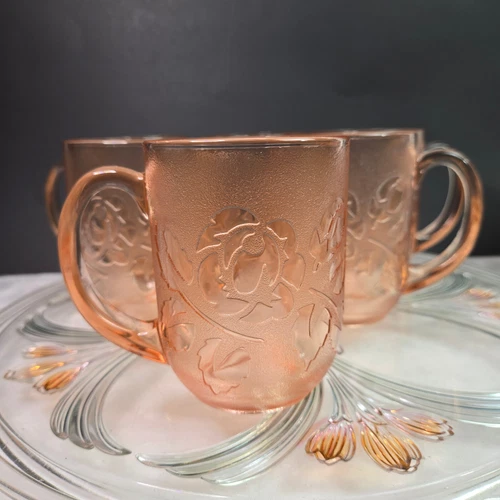 Set Of 6 Vintage ARCOROC Pink Depression Glass Rose Coffee Mugs France Rosaline