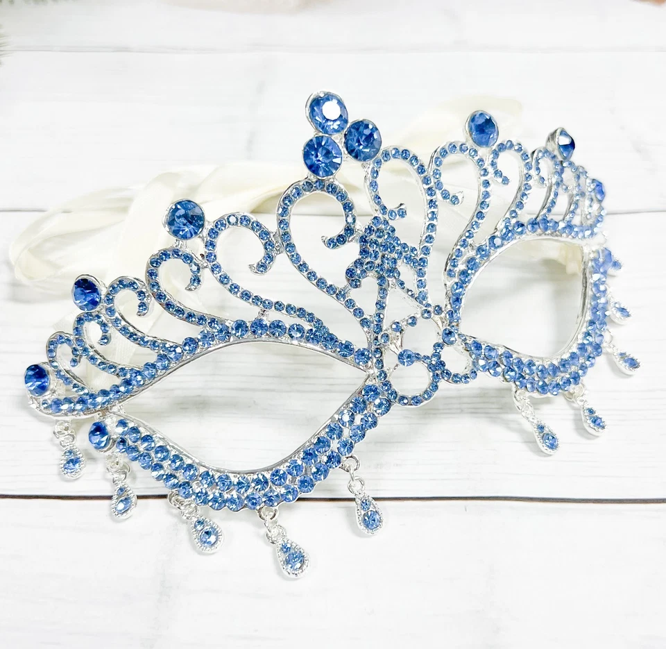 Blue Crystal Masquerade Mask, Silver Venetian Mask, Sapphire Teardrop Mask, Gift - Image 2 of 4