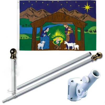 Nativity Scene Blue 3 x 5 FT Flag + 6 Ft Spinning Tangle Free Pole + Bracket