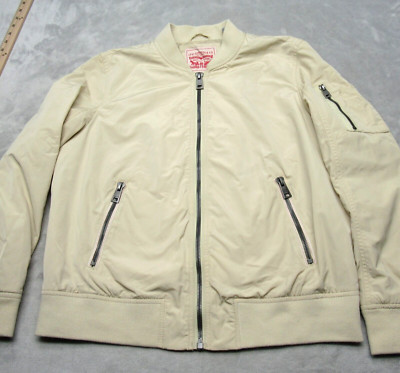Levis Jacket Mens XL Cream Zip Pockets Lined Ribbed Trims Full Zip Bomber