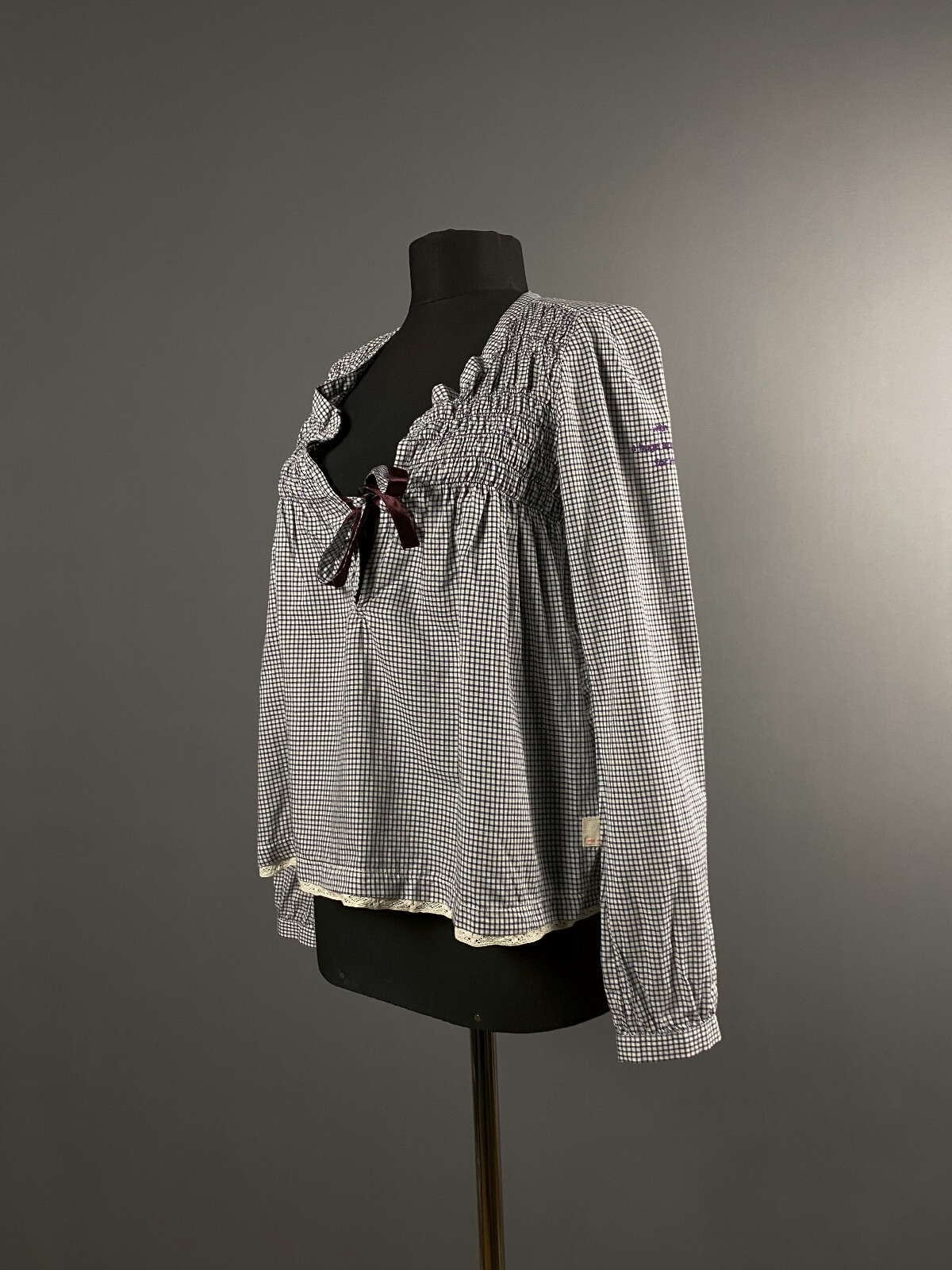 Odd Molly Women Blue White Check Long Sleeve Blouse Top T-Shirt Pullover Size 0