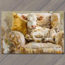 POSTCARD Cow On Couch Sofa Chair Calf Cute Fun Painting Unusual Country Farm