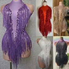 Women Sparkly Rhinestones Fringes Bodysuit Party Dancer Costume Stage Wear New