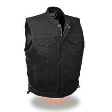 MENS MOTORCYCLE BLACK DENIM VEST w/ SIDE LACES  TWO CONCEAL POCKETS - SA39