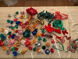 Lot of over 90 Assorted Holiday Christmas Wrapping Bows and Ribbons