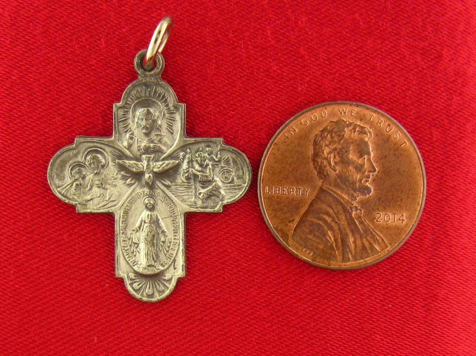 Vintage FOUR WAY CROSS Medal JESUS MARY JOSEPH ST CHRISTOPHER Silvertone Medal