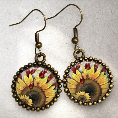 Pop Art Sunflower Drip Earrings Bronze Dangle Handcrafted Fashion Jewelry Gift