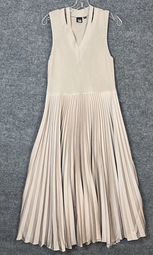 Boss Womens Beige Pleated Midi Dress Size XL Sleeveless Knit Top V Neck