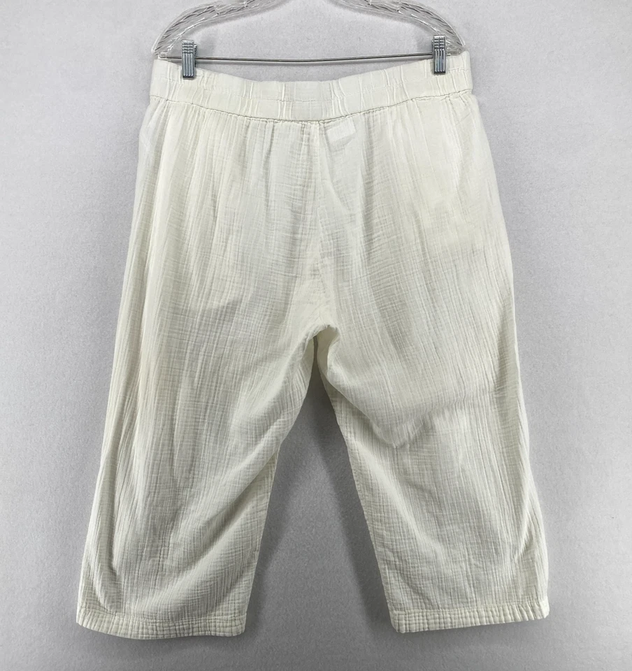 Pantalones EILEEN FISHER L Algodón Orgánico Gasa Arrugada Recortados Pull On Off Blanco Foto 3 de 4