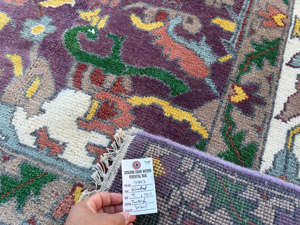 ALFOMBRA MORADA 9x12 lana hecha a mano ORIENTAL nueva colorida tejida a mano oushak nueva grande ft Foto 3 de 4