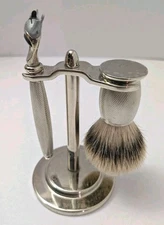 The Art Of Shaving Razor Stand + Badget Hair Brush Set Chrome Metal