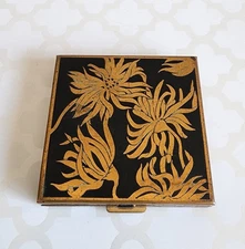 Vintage Compact Mirror Powder Case Japanese chrysanthemum Flower Copper Color