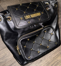 Love Moschino Black Quilted Studded Backpack Gold Hardware Red Lining Women