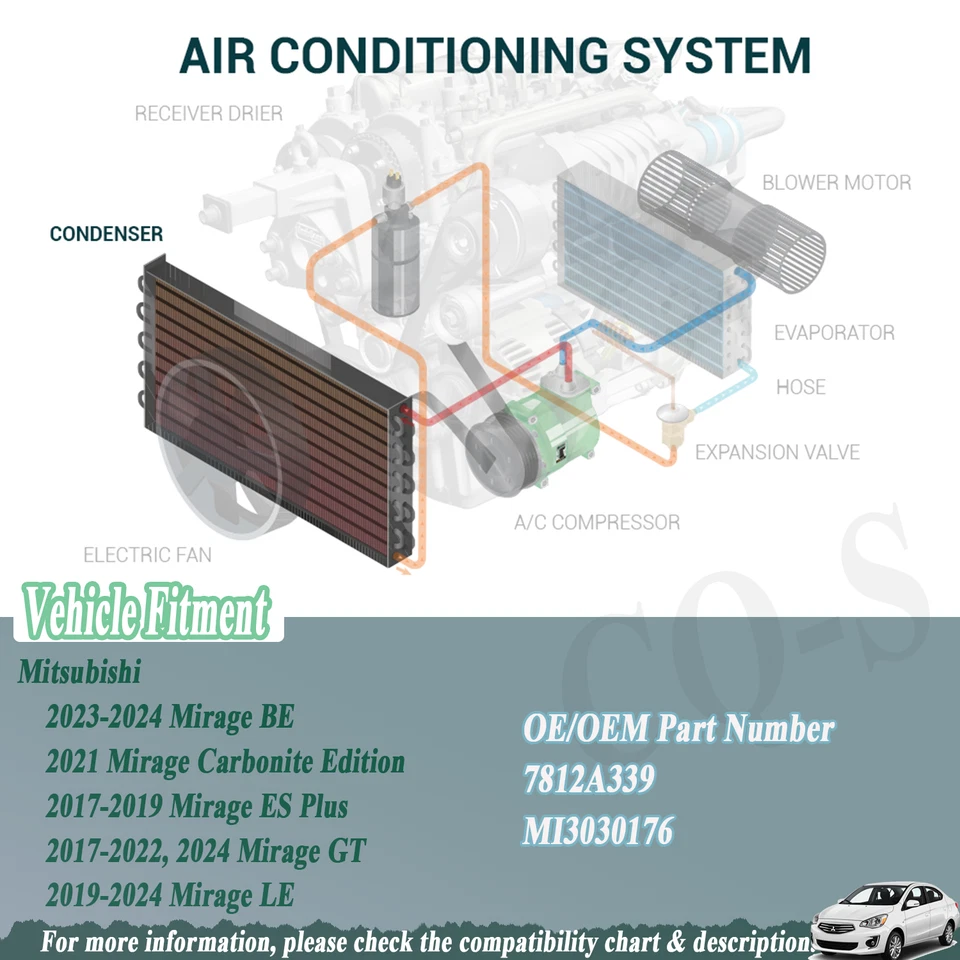AC Condenser w/Receiver Drier Fit 17-24 21 Mitsubishi Mirage Mirage G4 7812A339/ - Изображение 3 из 4