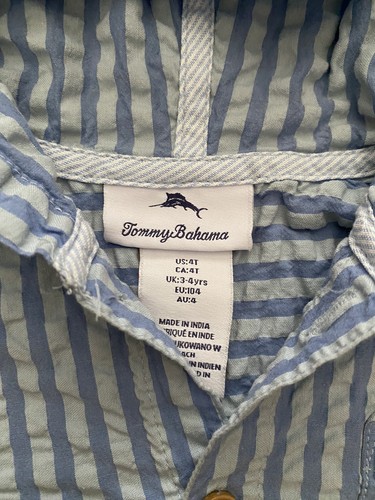 Tommy Bahama Seersucker 4T Hooded Long Sleeve Shirt, Blue Striped - Picture 3 of 7