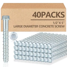 40 Pack 1/2" X 5" Concrete Screw Anchor Galvanized Large Diameter Heavy Duty Pla