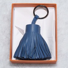 Authentic Hermes Carmen Agneau Milo Key Ring Charm Blue Leather Fringe w/Box