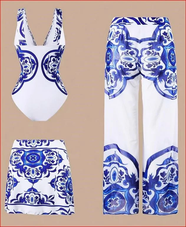 Dreiteiliges Strand Bade Set Badeanzug / Wickelrock / Hose  Gr. XL 42/44 - Bild 2 von 4