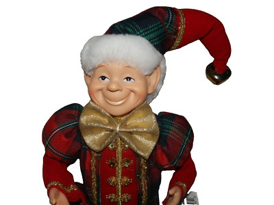 NEW Christmas Red Green PLAID JOLLY ELF Posable Jingle Bells 20'' Gold Holiday