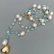 Blue Larimar White Rice Pearl Necklace Heart Brushed Gold Plated Pendant 21"