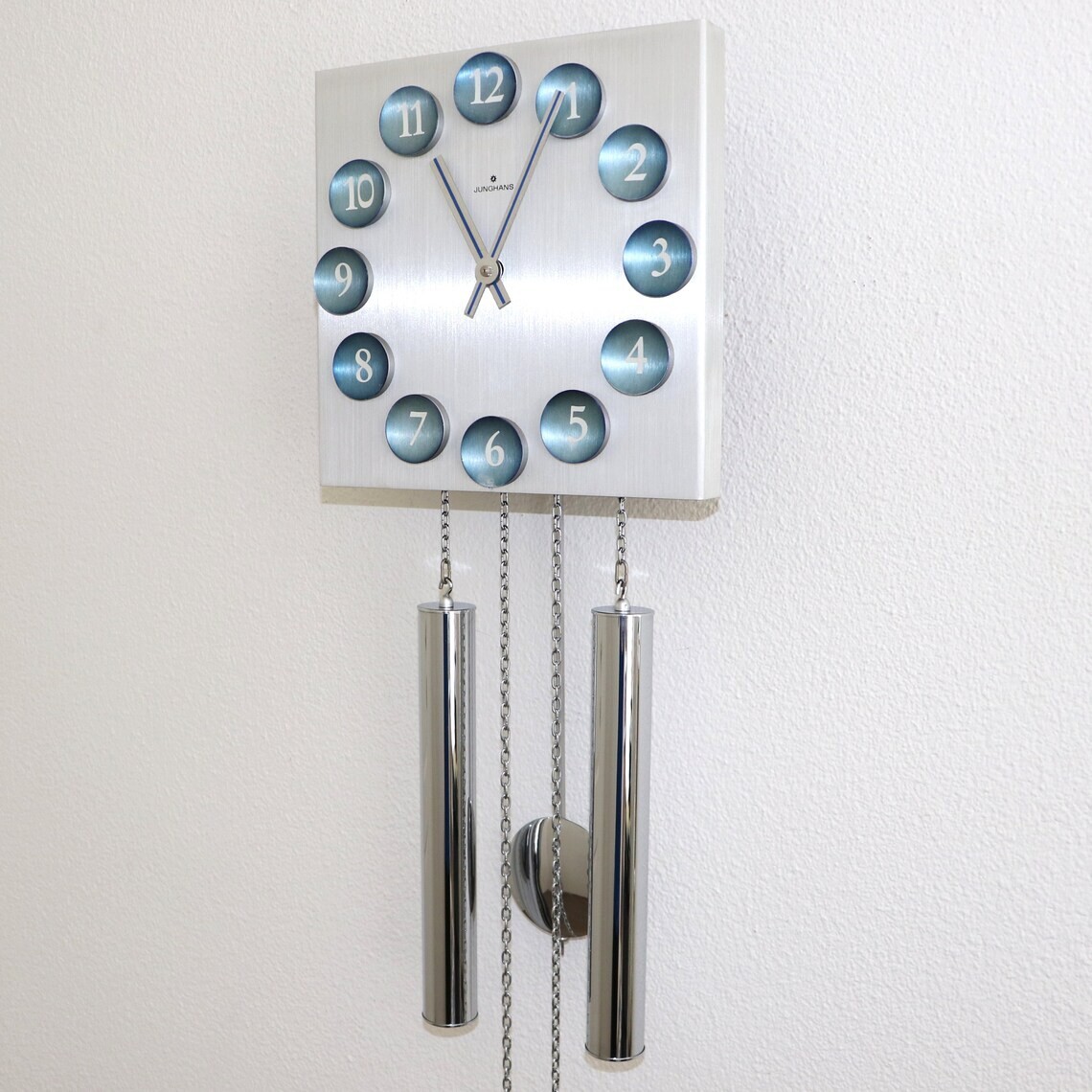 JUNGHANS Vintage Wall Clock BLUE Dial Chrome Space Age LOUDSPEAKER