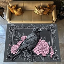 Crow Rug, Purple Crow Rug, Pink Flower Rug, For Living Room Rug, Crow Decor Rug,