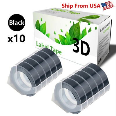 10 Black Rolls Label Tape Compatible Dymo 3D 3/8'' Embossing Label Maker 9mm x 3m