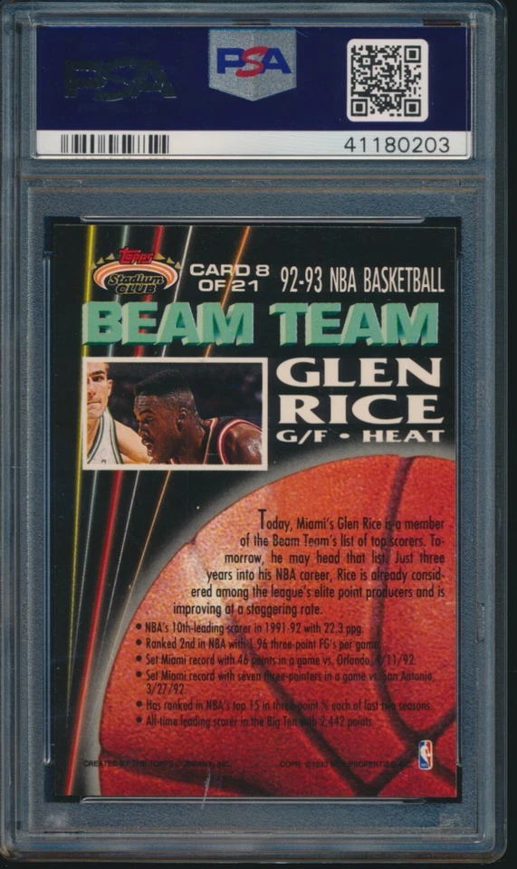 PSA 10 GLEN ARROZ 1992-93 TSC Topps Stadium Club BEAM TEAM #8 GEMA TÉRMICA COMO NUEVO RARO Foto 2 de 2