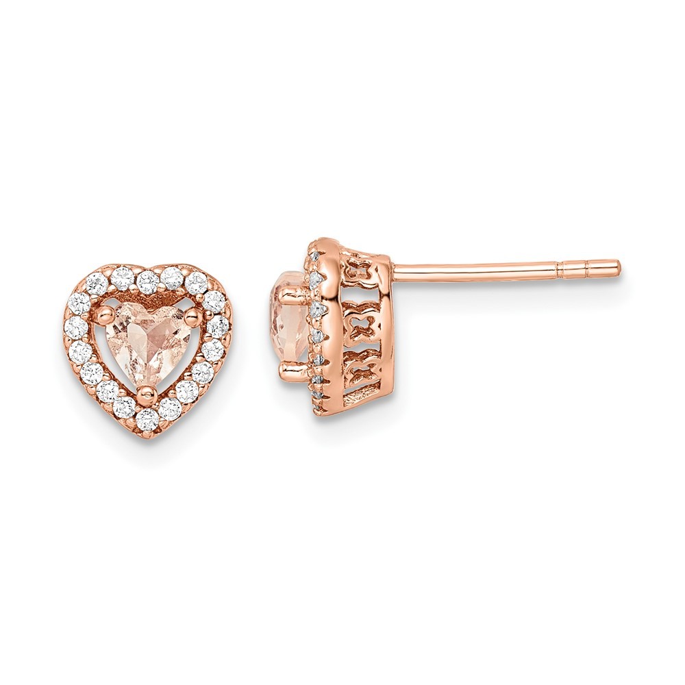 Sterling Silver Rose-tone Pink & White Cubic Zirconia Heart Stud Earrings L-8 mm